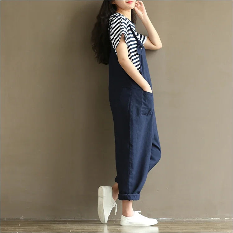 Artistic Vintage Deep Blues Cotton Strap Casual Trousers Women's 1701 European American Style