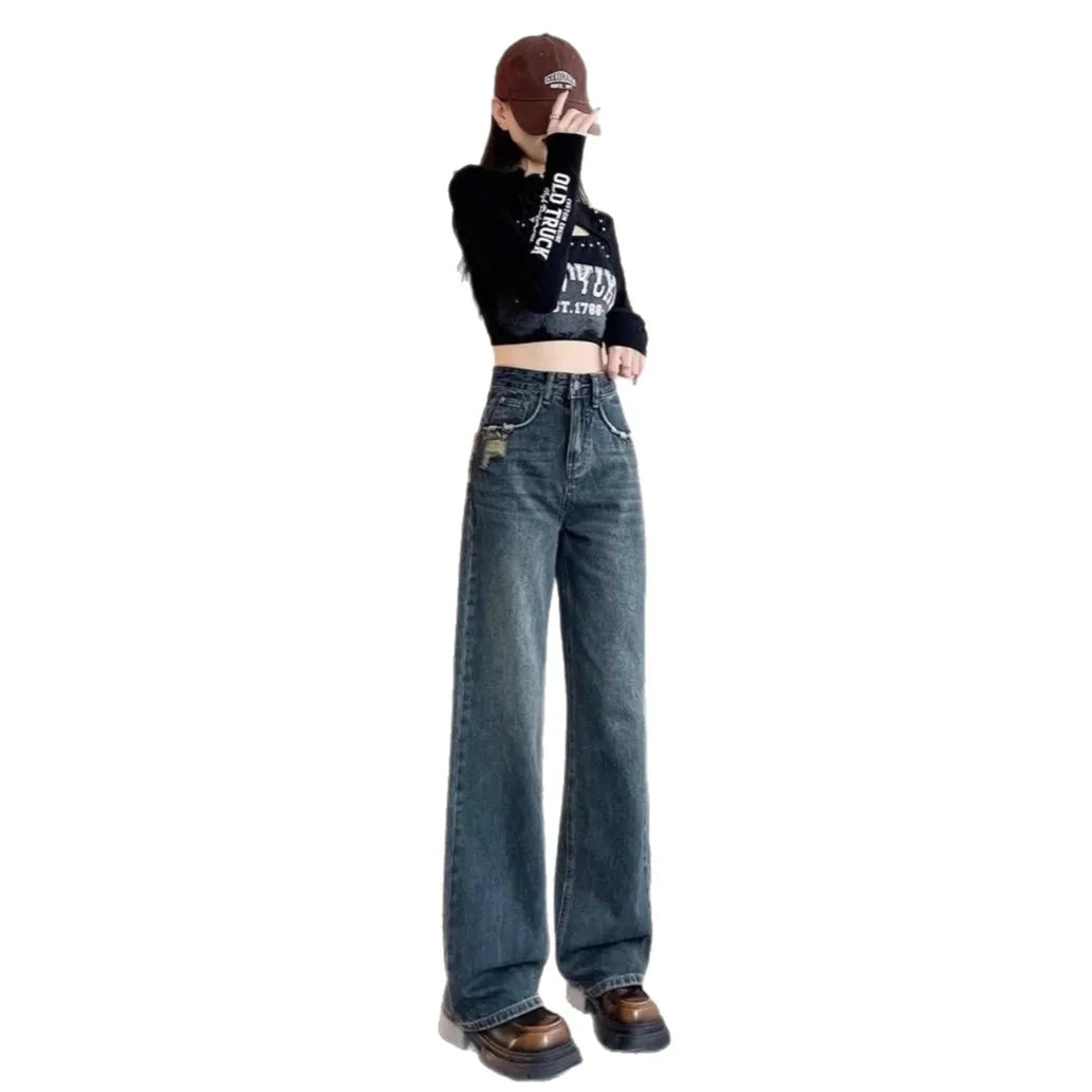 High Waist Wide Leg Jeans Light Blue Denim High Waist Tear Design American Style Spring Summer New Trend Streetwear