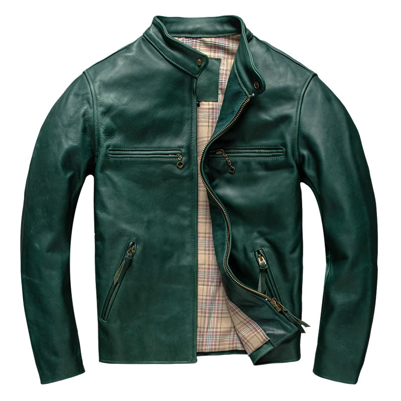 Green Winter Leather Jacket Men Vintage Style Plus Size 5XL Genuine Natural Thick Horsehide Stand Collar Slim Fit Leather Coat