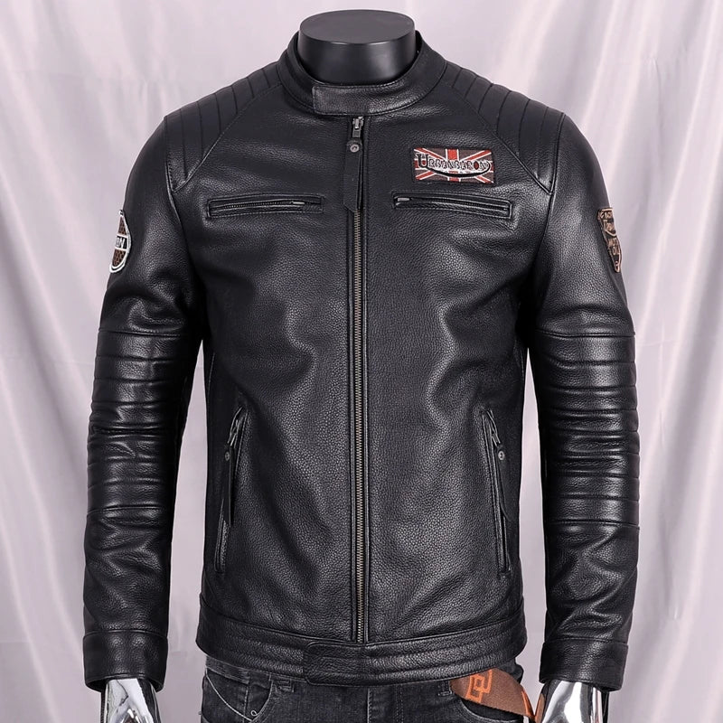 Black Autumn Leather Jacket Men Sports Style Plus Size 5XL Genuine Natural Cowhide Stand Collar Slim Fit Short Coat