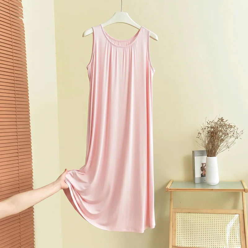 Loose Long Modal Dress Women's Summer Casual Home Clothes Outdoor Wear Vest Sleep Dress Straight Cut High Waist Midi Dress