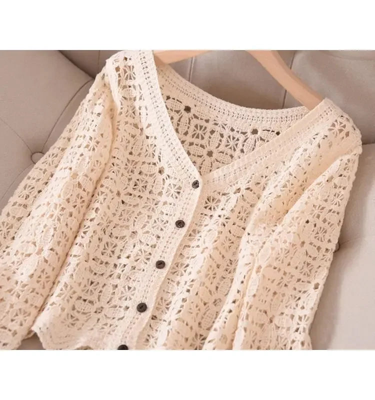 Elegant Black V-neck Long Sleeve Knitted Open Cardigan Women's Hollow out Embroidery Minimalist Versatile Item Summer Thin