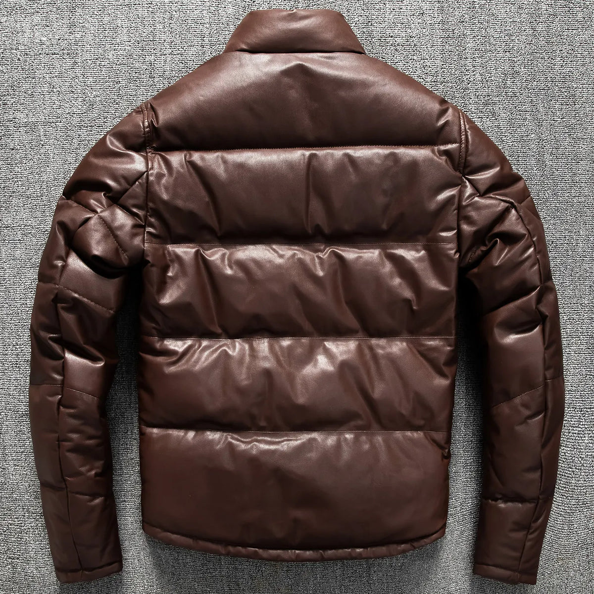 Brown Winter Leather Jacket Men Europe Size 3XL Retro Style Genuine Natural Sheepskin Stand Collar Thick Warm Casual Down Coat