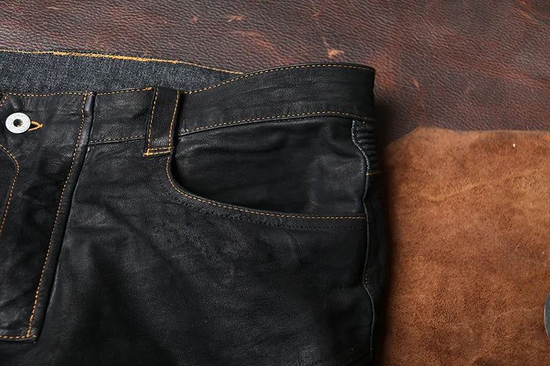 Black Spring Leather Trousers Men Retro Style Plus Size 4XL Genuine Natural Sheepskin Add Protection Device Motorcycle Pants