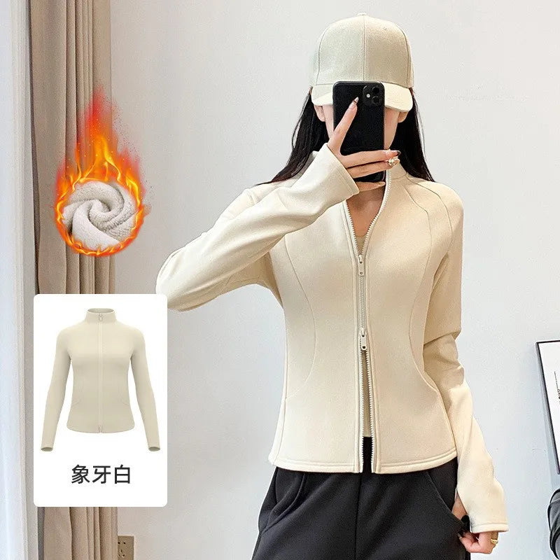 Fleece Lined Thickened Double Zipper Yoga Jacket Women's Autumn Winter Sporty Slim Fit All-Match Windproof Warm Top
