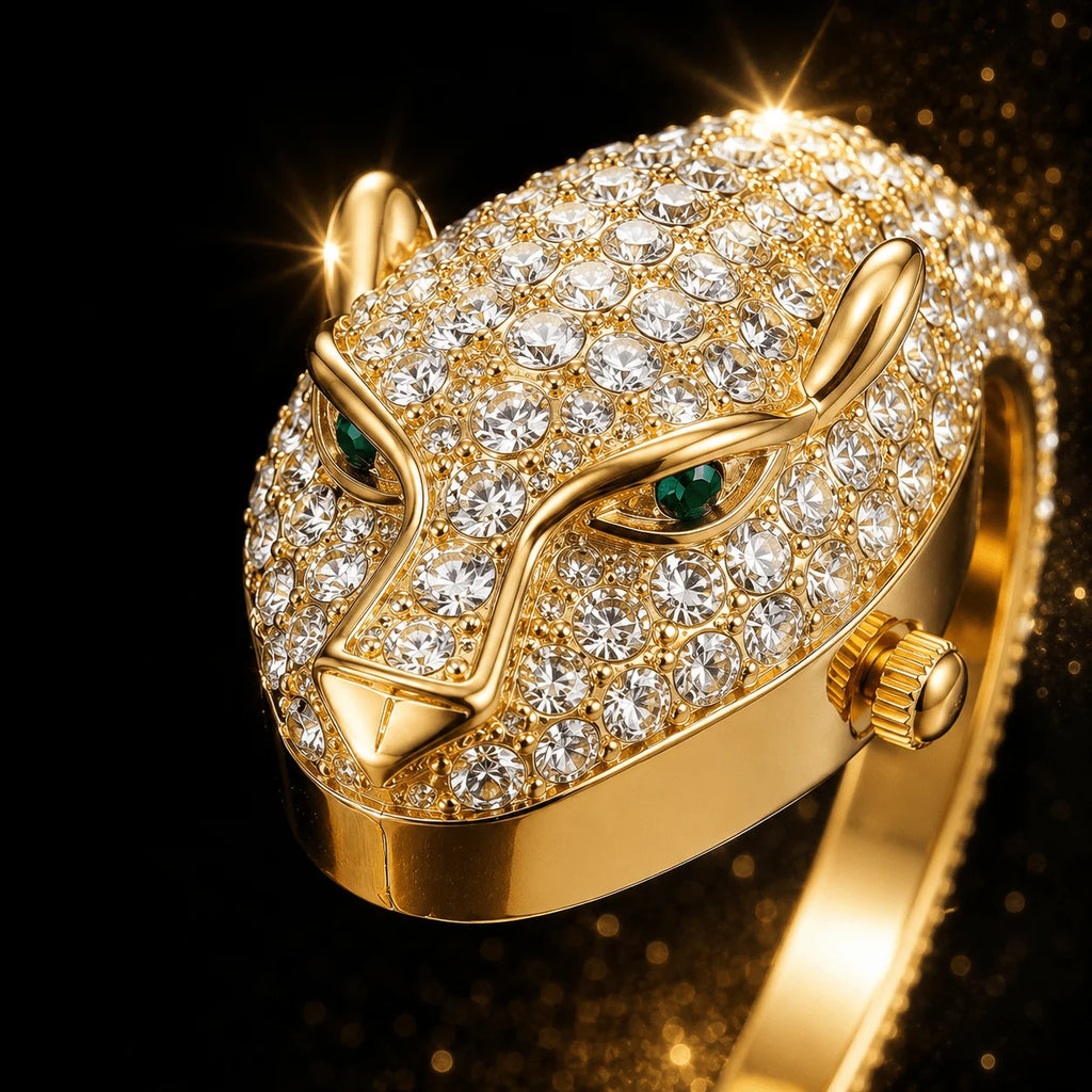 Ladies Luxury Leopard Head Bracelet Watch, Hidden Dial Gold Crystal Bracelet Watch, Ladies Elegant Gift