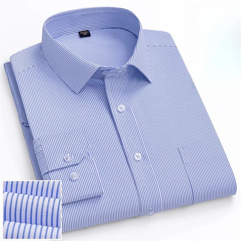 Men Formal Shirt Long Sleeve Office Solid Color Striped Fashion Business Pocket White Social Shirt Men's Clothing 5XL 6XL