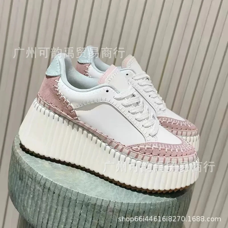 New 2025 Women's Thick Bottom Sports Shoes Sewn Casual Cowhide High Toppling Bottom Flat Shoes Comfortable Breathable Leather