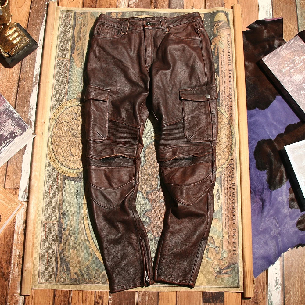 Retro Black Winter Leather Trousers Men Vintage Style Genuine Natural Cowhide Can Add Motorcycle Protection Device Leather Pants