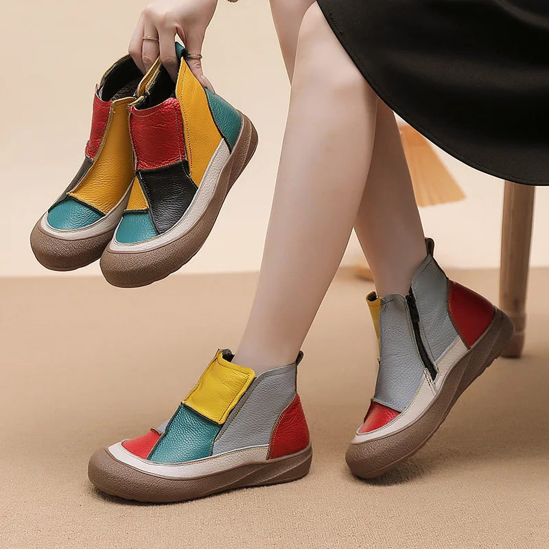 Comfortable Casual Women's Short Boots Spring Autumn Winter Seasonal Wear Breathable Warm Leather Slip-On Shoes Color Block D...
