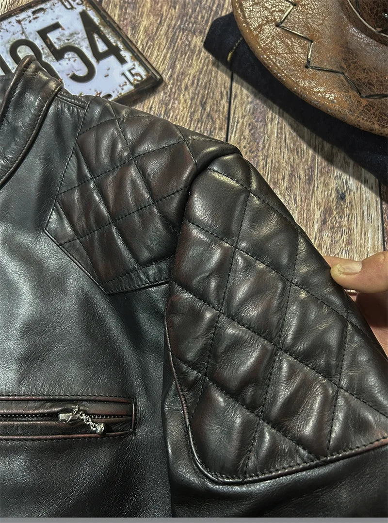 Black Winter Leather Jacket Men Vintage Style Plus Size 5XL Genuine Natural Cowhide Stand Collar Slim Fit Leather Coat