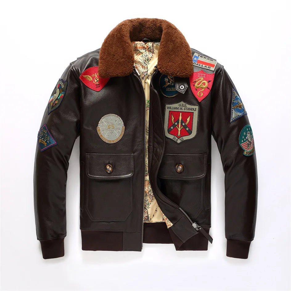 Dark Brown Pilot Leather Jacket Men Retro Style Genuine Natural Thick Cowhide Wool Collar Winter Military G1 Flight Coat