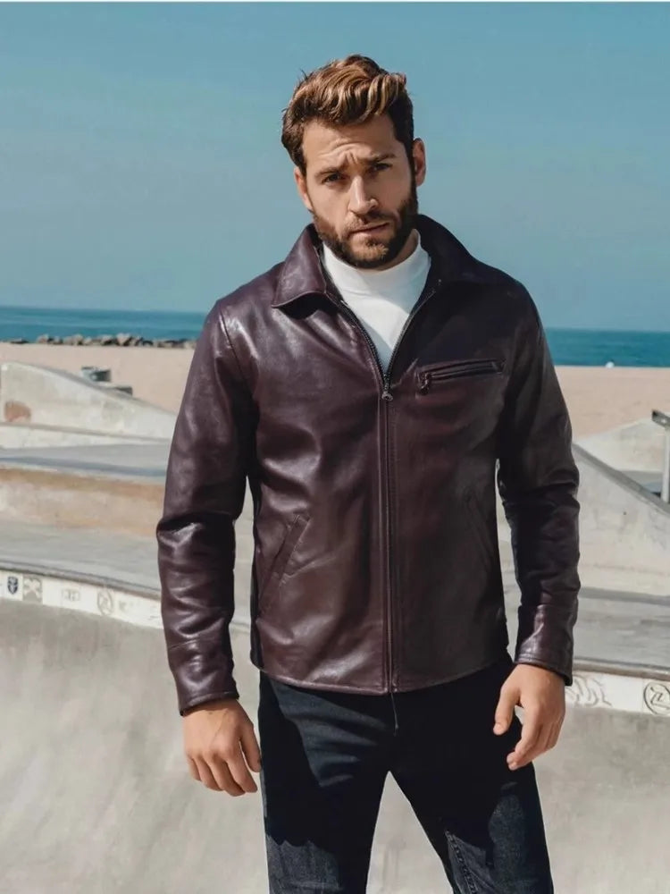 Dark Brown Spring Leather Jacket Men Casual Style Plus Size 4XL Genuine Natural Sheepskin Turn-Down Collar Slim Fit Retro Coat