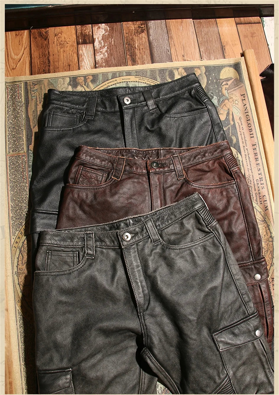Retro Black Winter Leather Trousers Men Vintage Style Genuine Natural Cowhide Can Add Motorcycle Protection Device Leather Pants