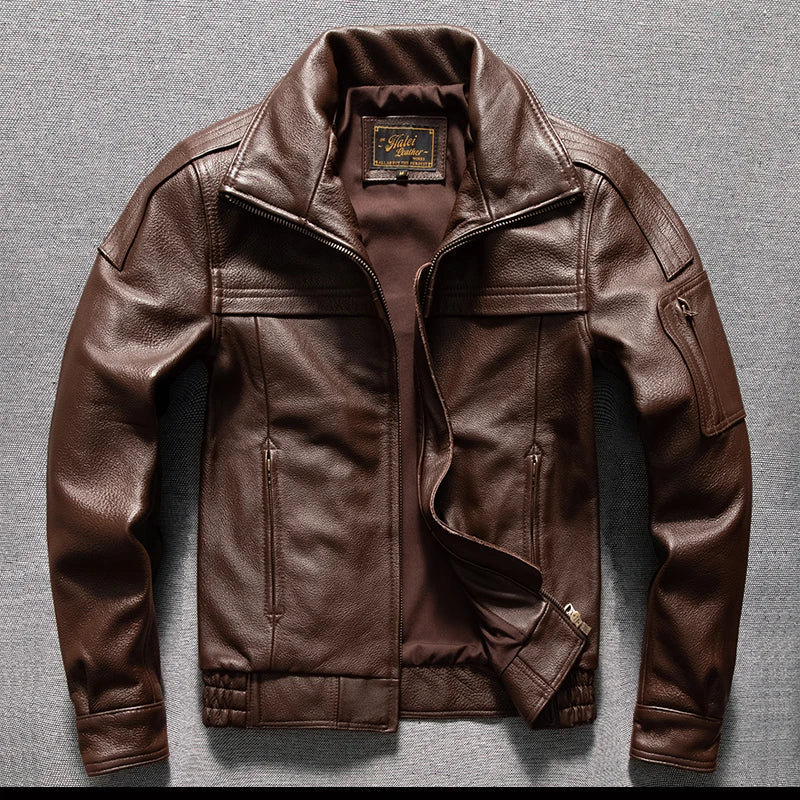 Men's Brown Leather Jacket  Vintage Flight Jacket with Stand Collar, Military Style, Front Zipper, Sleeve Pocket, Ribbed Hem