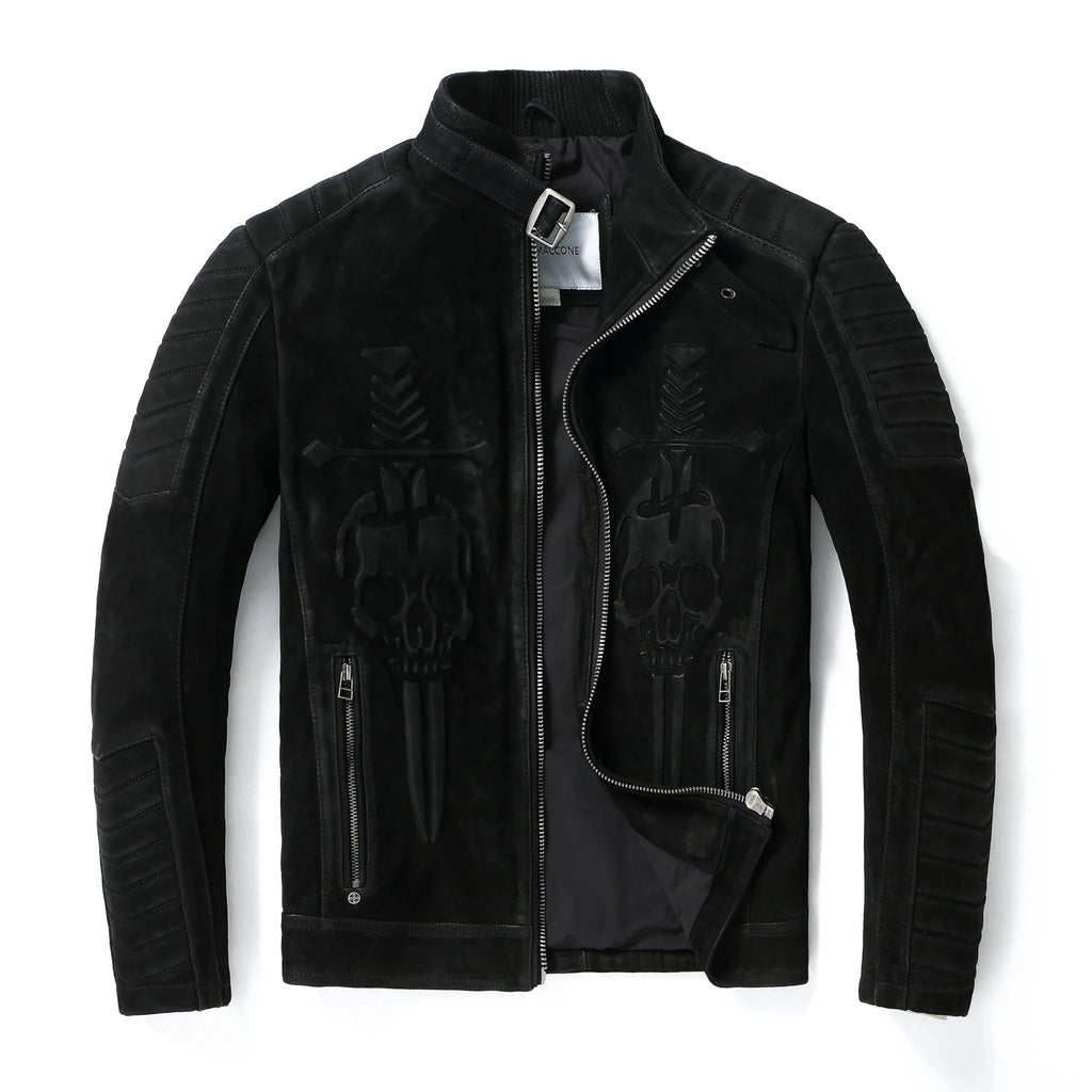 Black Winter Leather Jacket Men Vintage Style Plus Size 3XL Genuine Natural Thick Cow Suede Stand Collar Skulls Pattern Coat