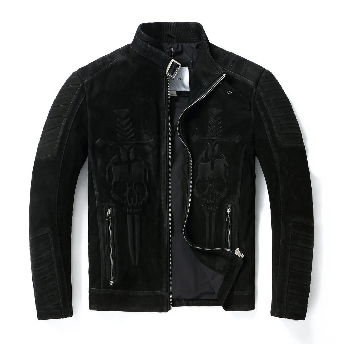 Black Winter Leather Jacket Men Vintage Style Plus Size 3XL Genuine Natural Thick Cow Suede Stand Collar Skulls Pattern Coat