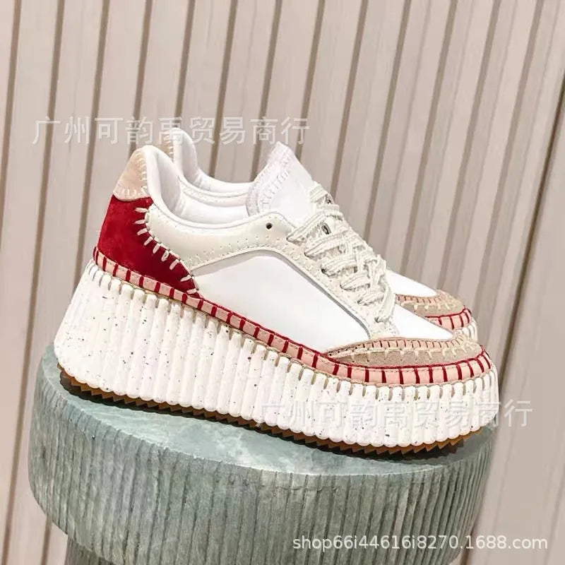 New 2025 Women's Thick Bottom Sports Shoes Sewn Casual Cowhide High Toppling Bottom Flat Shoes Comfortable Breathable Leather