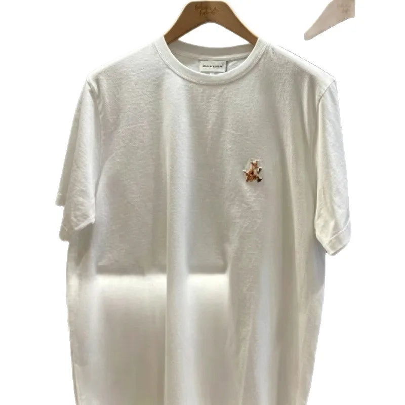 Embroidered Fox round Neck Short Sleeve T-Shirt Cotton Casual Loose Fit Youth Fashion Spring New Arrival Fox Pattern Tee