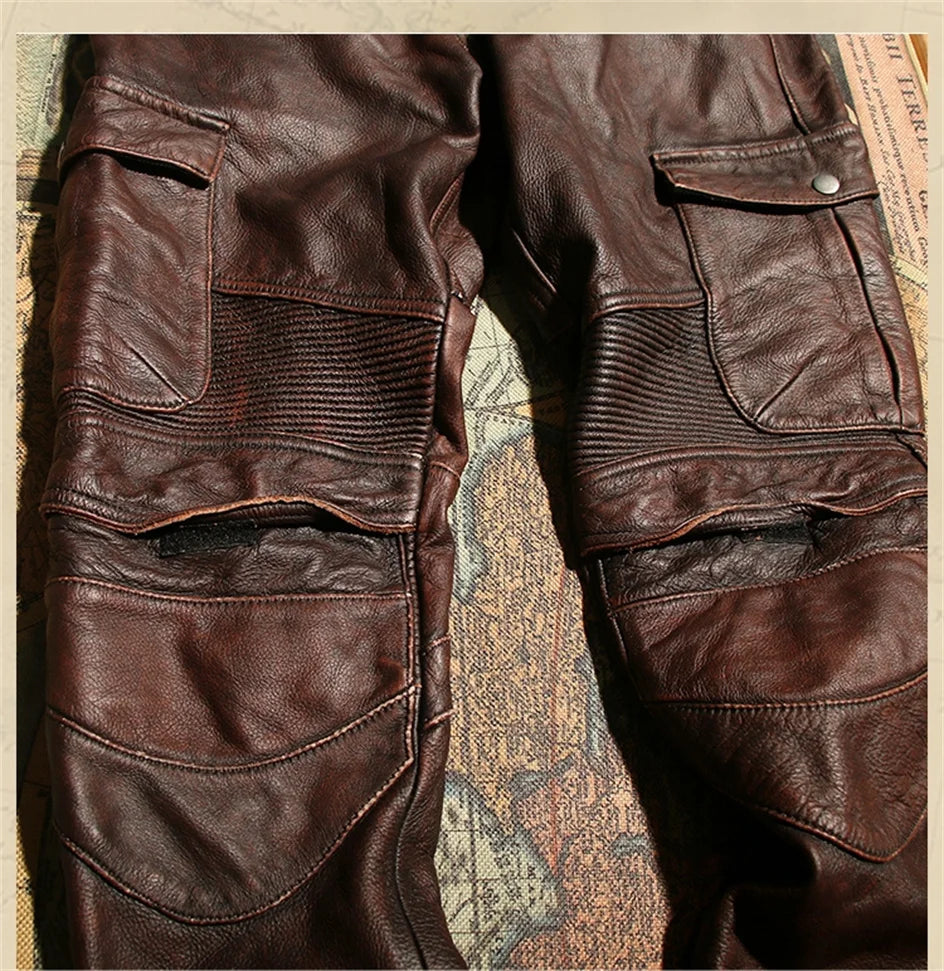 Retro Black Winter Leather Trousers Men Vintage Style Genuine Natural Cowhide Can Add Motorcycle Protection Device Leather Pants