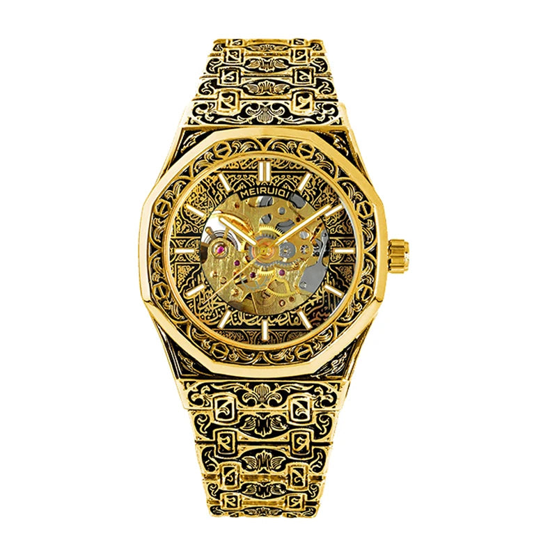 A men's yellow casual style high aesthetic fully automatic precision carved pattern stud mechanical watch