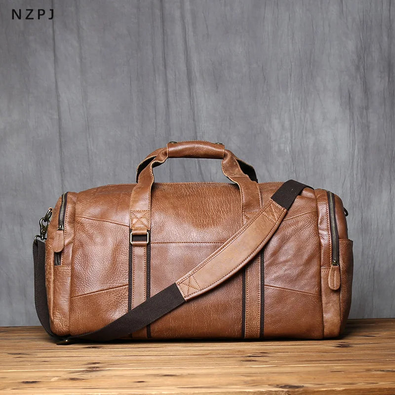NZPJ Leather Retro Men's Travel Bag Shoulder Messenger Casual Backpack Top Layer Cowhide Large Capacity Luggage Bag Handbag
