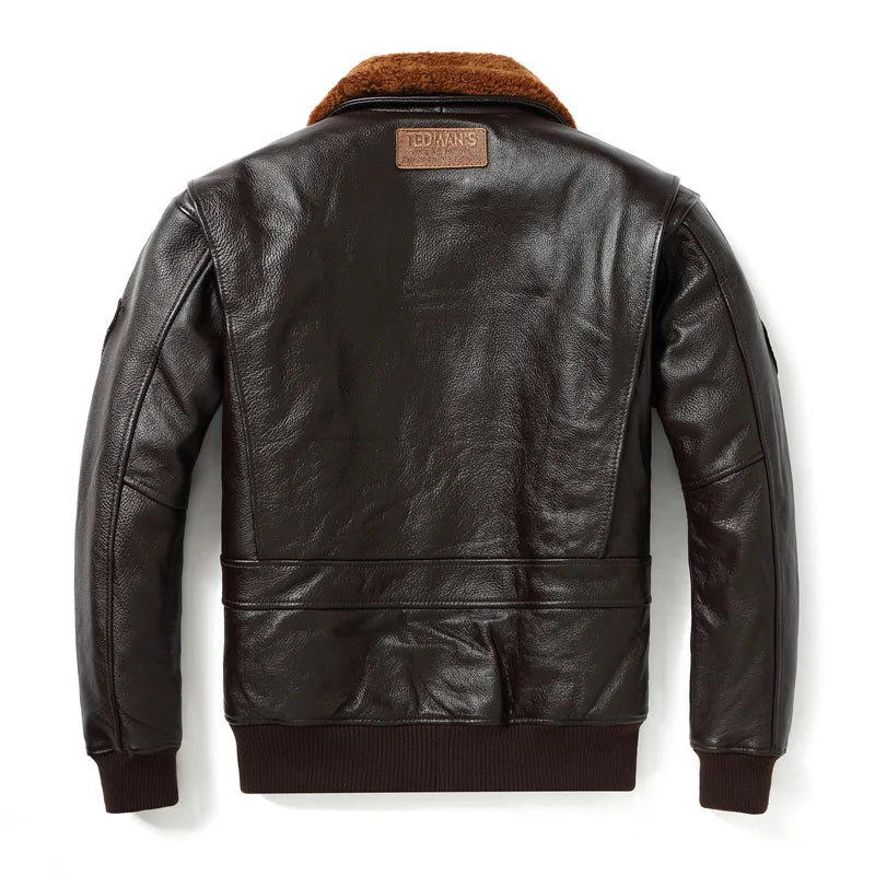 Dark Brown Winter Leather Jacket Men Retro Style Europe Size Genuine Natural Cowhide Turn-Down Collar Military G1 Flight Coat