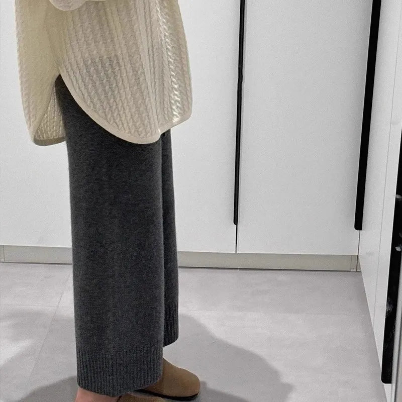 Gray Woolen Knitted Wide Leg Pants Women's Casual Straight Leg Sweatpants Small Size Comfortable Loose Fit Autumn Winter