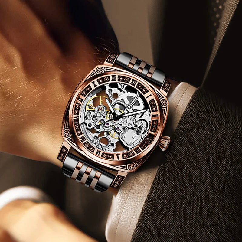 A men's fashion gentlemen's elegant pentagram rose gold and steel mechanical watch
