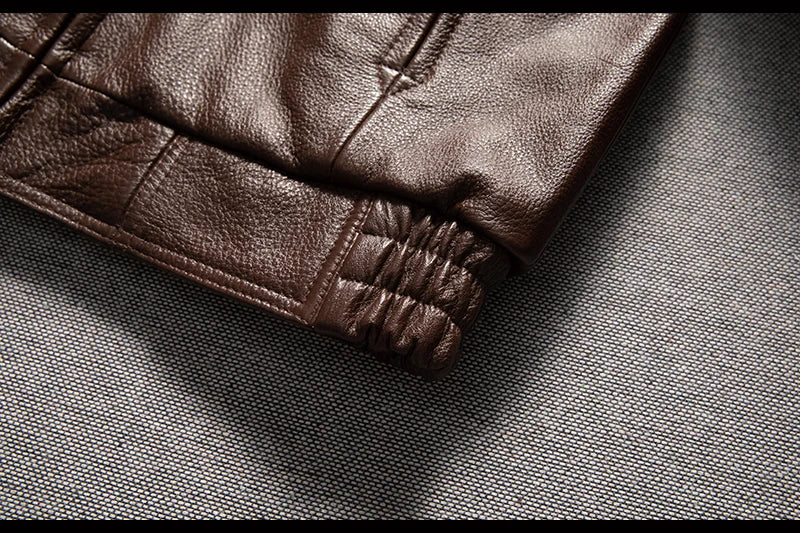 Men's Brown Leather Jacket  Vintage Flight Jacket with Stand Collar, Military Style, Front Zipper, Sleeve Pocket, Ribbed Hem