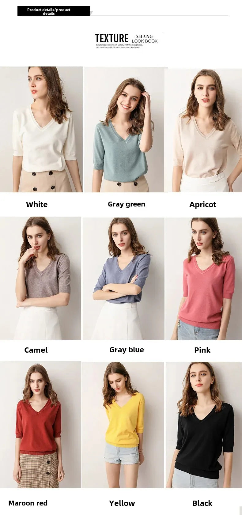 Spring Autumn New Style V-Neck Thin Knitted Loose Short Sleeve Women's T-Shirt Thin Summer Top Comfortable Base Layer Shirt