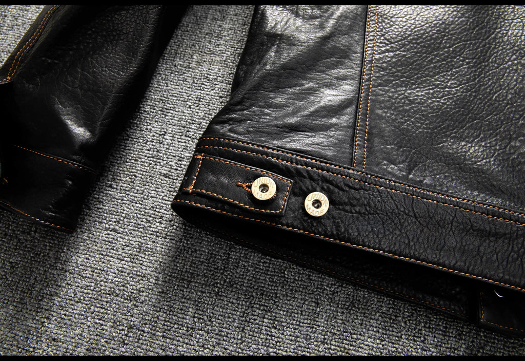 Men's Genuine Sheepskin Leather Trucker Jacket Black Type III Denim Cut Cream Contrast Stitch Brass Snap Short Casual Coat
