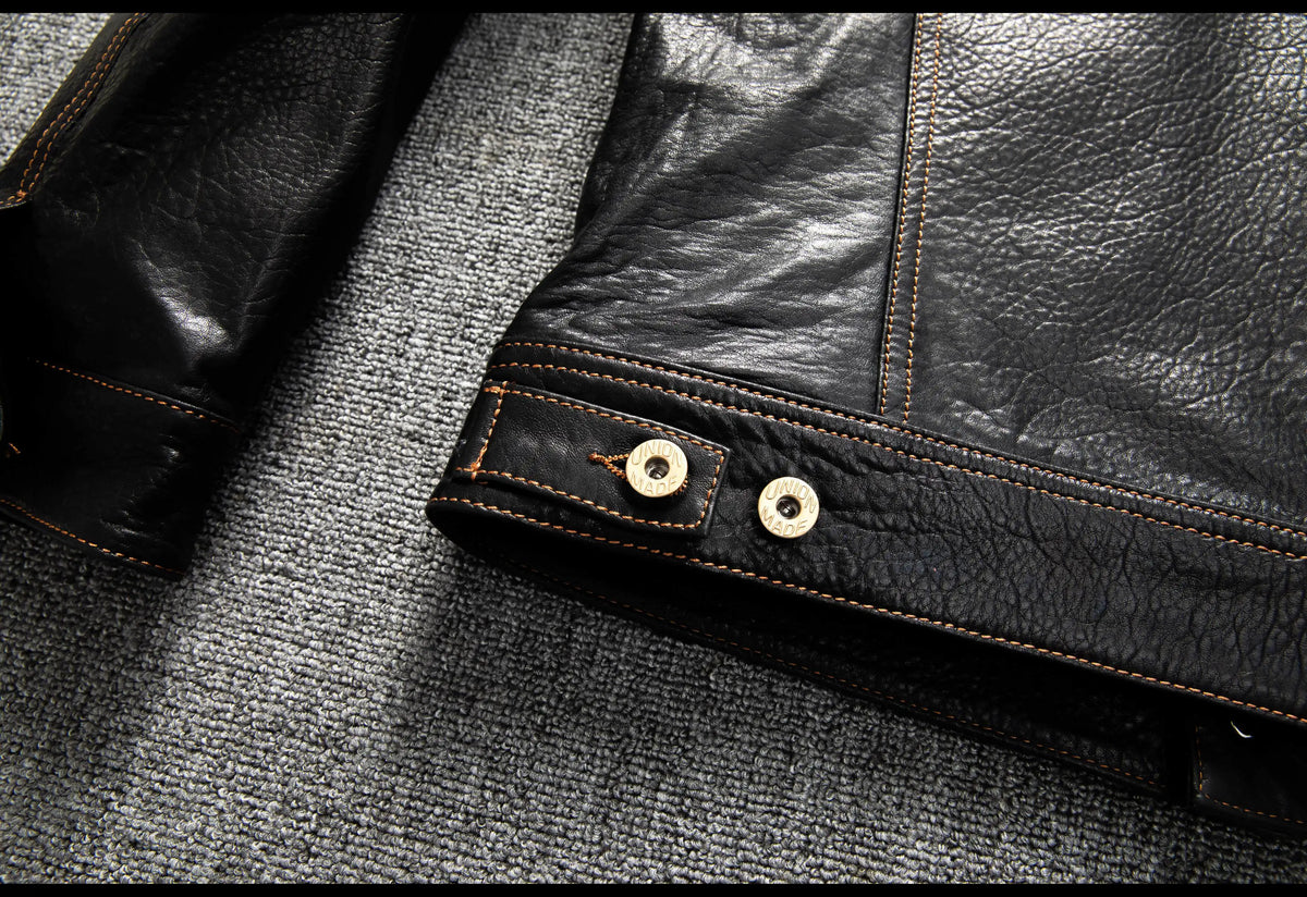 Men's Genuine Sheepskin Leather Trucker Jacket Black Type III Denim Cut Cream Contrast Stitch Brass Snap Short Casual Coat