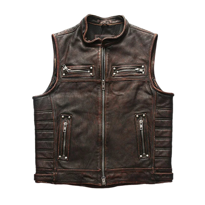 Red Brown Spring Leather Vest Men Retro Style Plus Size 4XL Genuine Natural Cowhide Stand Collar Motorcycle Sports Rivets Vest