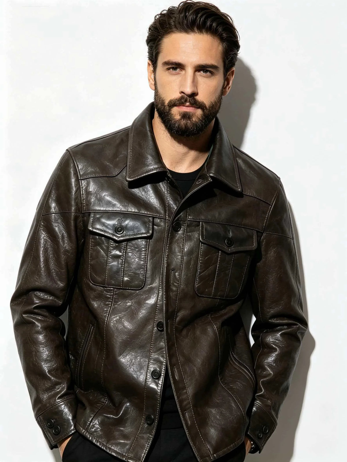 Dark Green Spring Leather Shirt Men Casual Style Plus Size 5XL Genuine Natual Sheepskin Turn-Down Collar Single Breasted Coat
