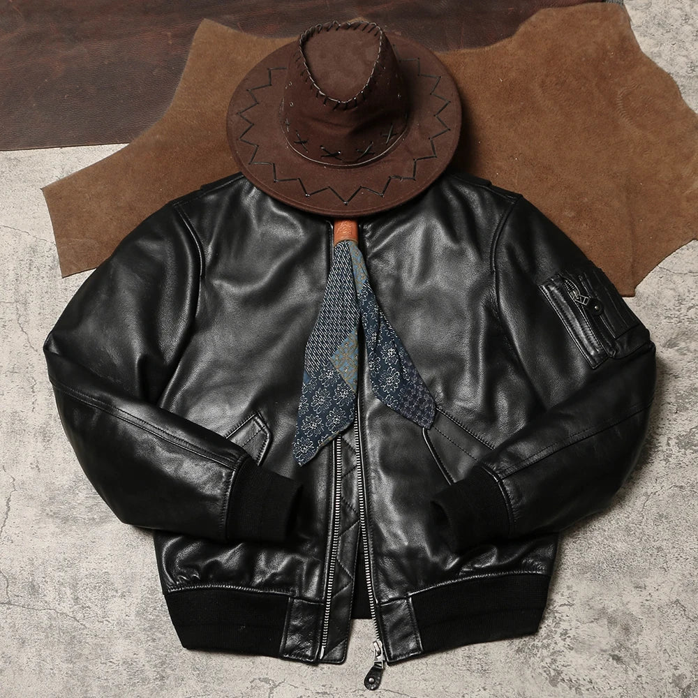 Black Winter Leather Jacket Men Military Style Plus Size 5XL Genuine Natural Sheepskin Thick Warm MA1 Flight Leather Coat