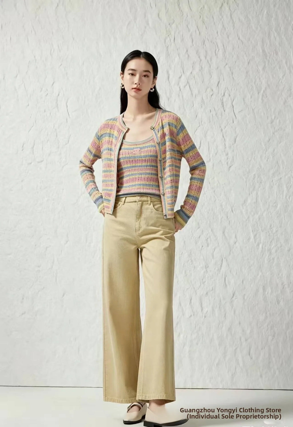 Colorful Striped Knitted Vest Hollow out Slimming U-Neck Summer Cardigan Fashionable Women's Clothing Breathable Ice Silk
