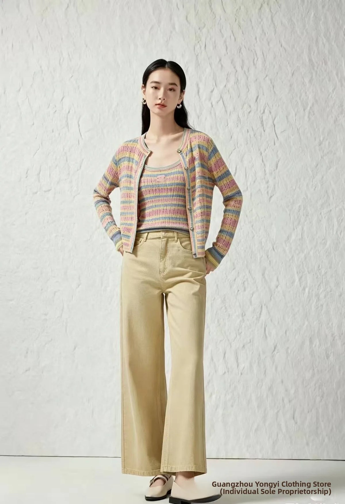 Colorful Striped Knitted Vest Hollow out Slimming U-Neck Summer Cardigan Fashionable Women's Clothing Breathable Ice Silk