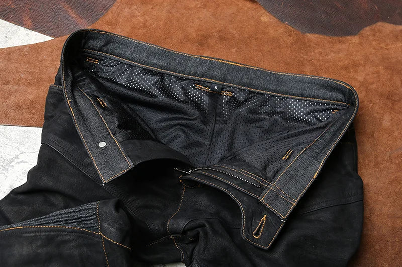 Black Spring Leather Trousers Men Retro Style Plus Size 4XL Genuine Natural Sheepskin Add Protection Device Motorcycle Pants