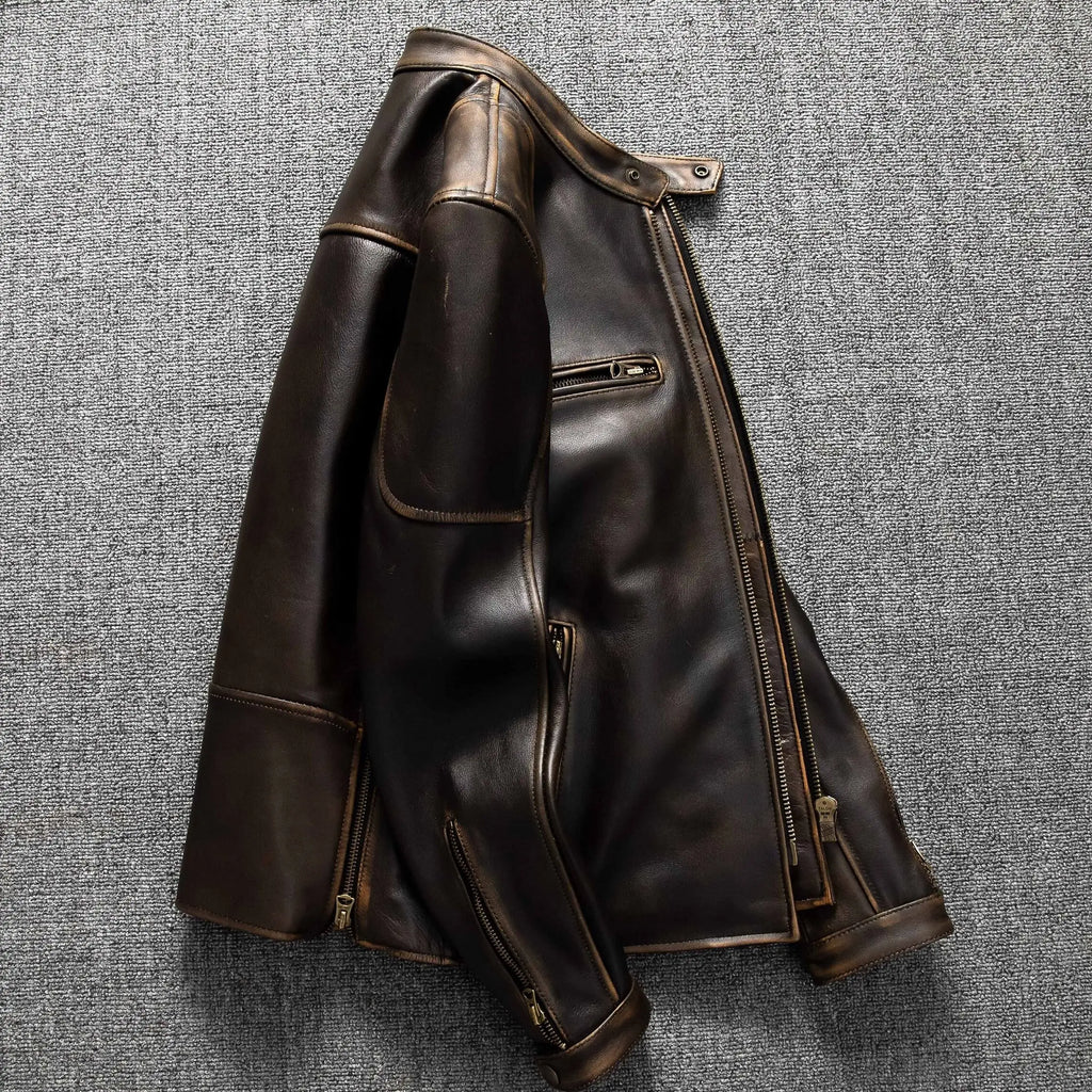 Dark Brown Autumn Leather Jacket Men Retro Style Plus Size 6XL Genuine Natural Cowhide Stand Collar J100 Motorcycle Sports Coat