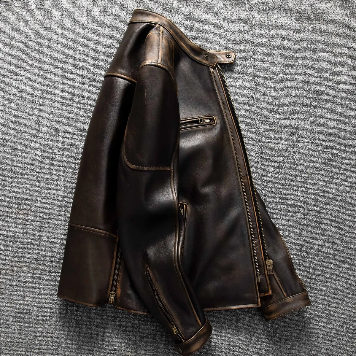 Dark Brown Autumn Leather Jacket Men Retro Style Plus Size 6XL Genuine Natural Cowhide Stand Collar J100 Motorcycle Sports Coat