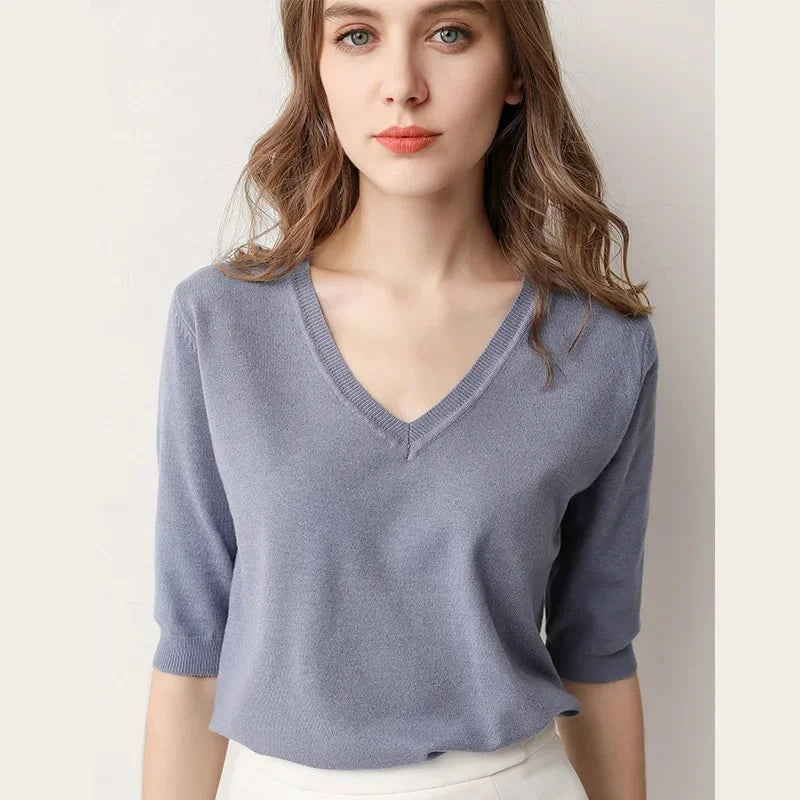 Spring Autumn New Style V-Neck Thin Knitted Loose Short Sleeve Women's T-Shirt Thin Summer Top Comfortable Base Layer Shirt