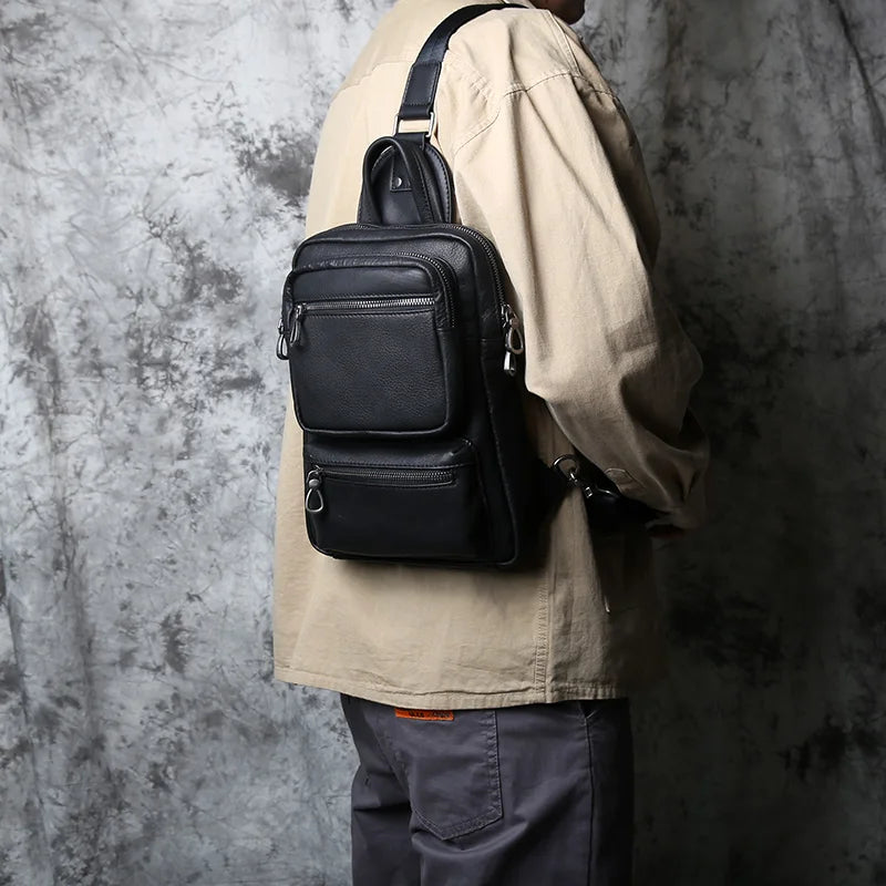 NZPJ New Men's Leather Chest Bag Large-Capacity Trend Single Shoulder Bag Casual First Layer Cowhide Messenger Bag 10 Inch Ipad