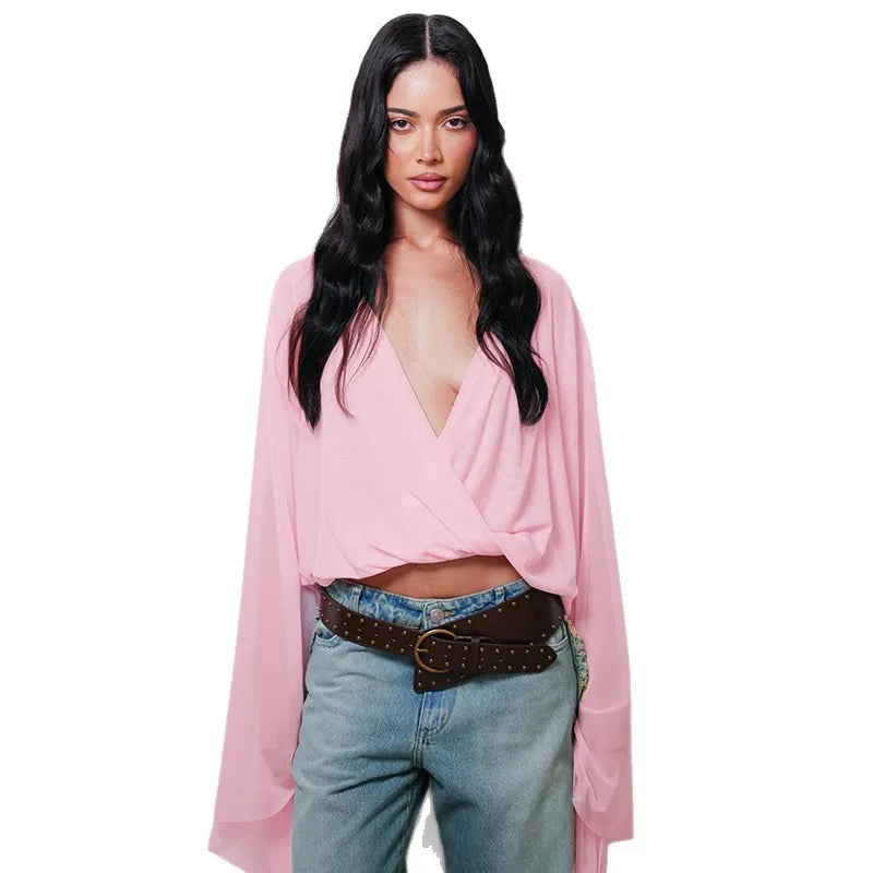 Elegant Pure Color V-Neck Mesh Splice Bell Sleeve Crop Top Women's Fashion Street Style Polyester Long Sleeve T-Shirt