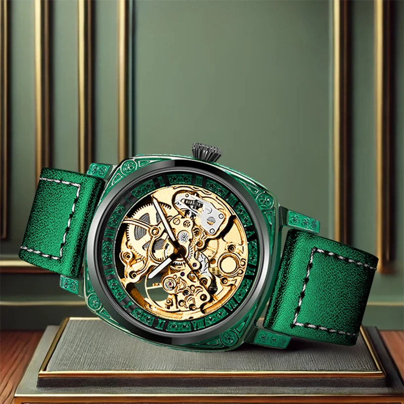 New Men's Watch with Gold Green Belt, Retro Style, Noble and Elegant Night Light Carving, Fully Automatic Mechanical Watch
