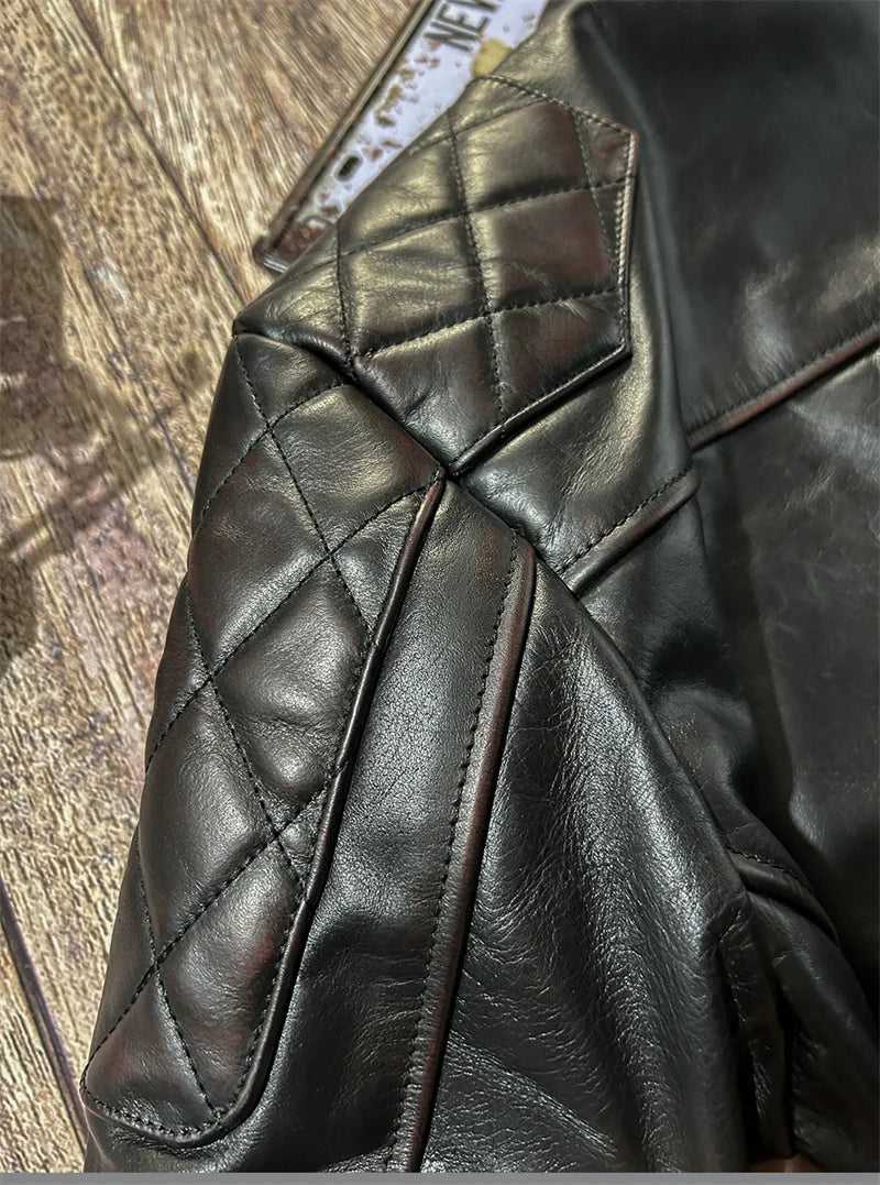 Black Winter Leather Jacket Men Vintage Style Plus Size 5XL Genuine Natural Cowhide Stand Collar Slim Fit Leather Coat