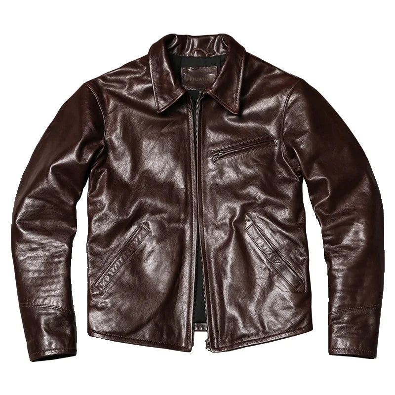 Dark Brown Spring Leather Jacket Men Casual Style Plus Size 4XL Genuine Natural Sheepskin Turn-Down Collar Slim Fit Retro Coat