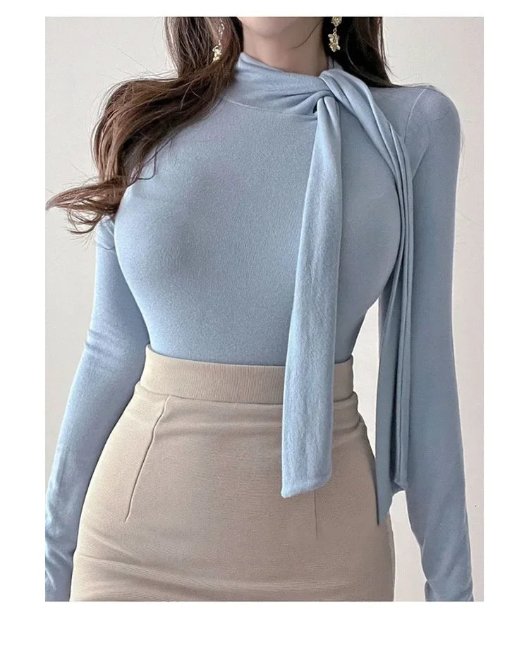 Korean Style Women's Long Sleeve T-Shirt Bow Design Halter Neck Slim Fit Comfortable Base Shirt Cotton Spring Summer Top