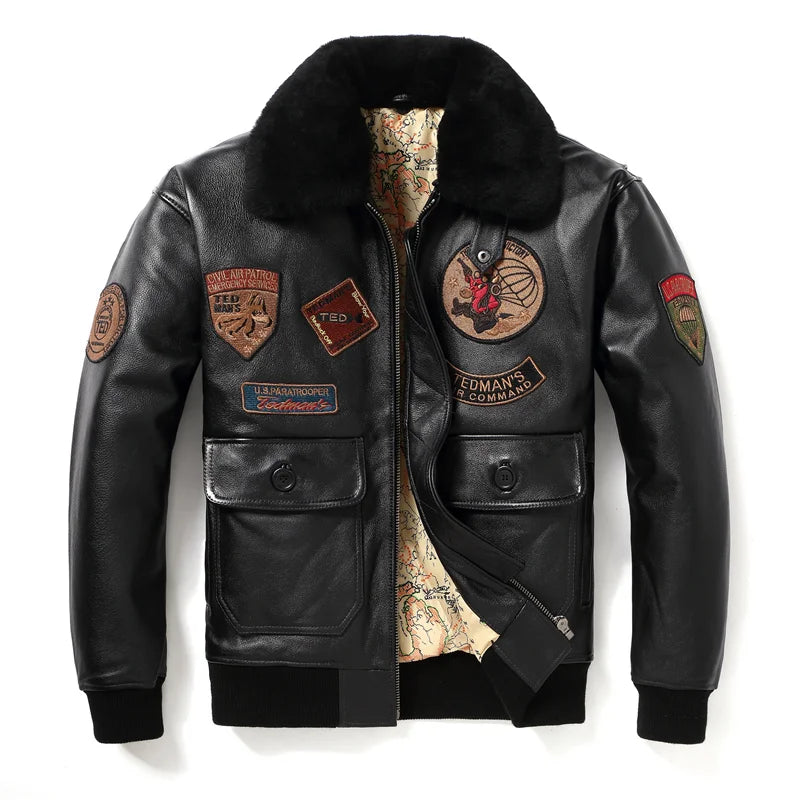 Dark Brown Winter Leather Jacket Men Retro Style Europe Size Genuine Natural Cowhide Turn-Down Collar Military G1 Flight Coat