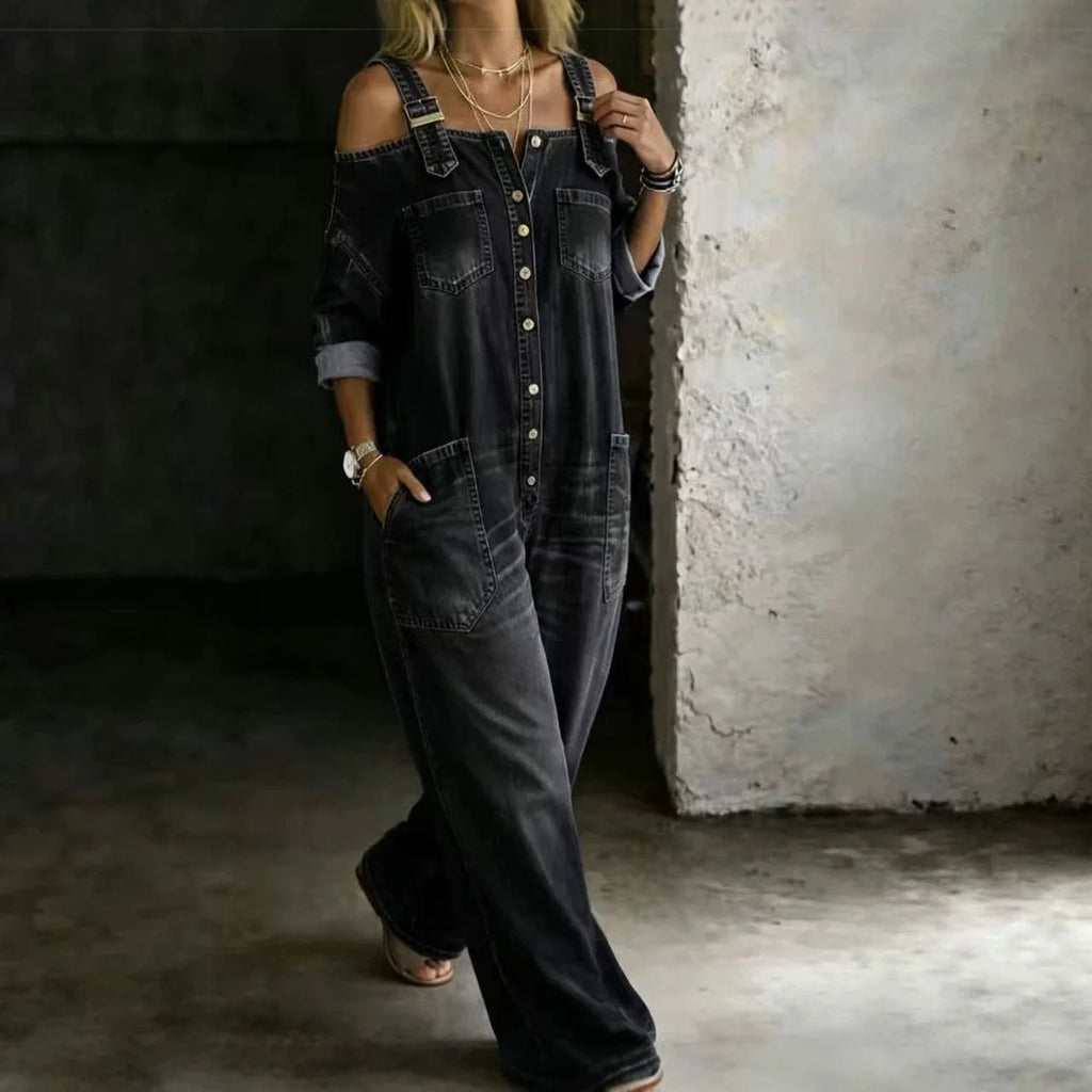 Sexy Fashion Shoulder Bared Denim Overalls with Pockets Wide Leg Street Style Loose Waist Cotton Blend Polyester Blend